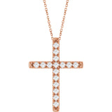 14K Gold Round Lab-Grown Diamond French-Set Cross Necklace or Pendant - Rose Gold