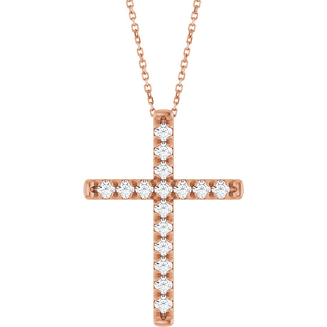 14K Gold Round Lab-Grown Diamond French-Set Cross Necklace or Pendant - Rose Gold