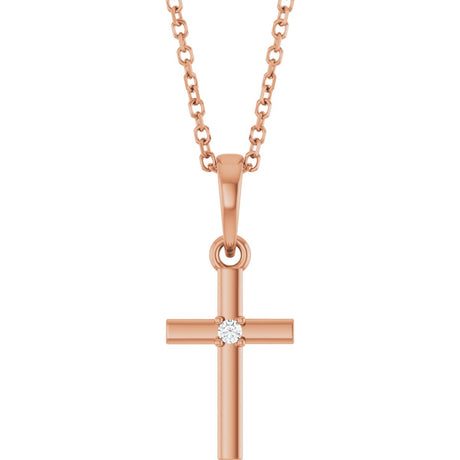 14K Gold Round Natural Diamond Cross Necklace or Pendant – up to 0.015 CTW - Rose Gold