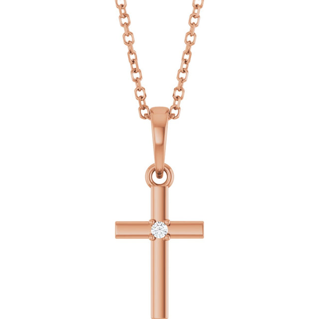 14K Gold Round Natural Diamond Cross Necklace or Pendant – up to 0.015 CTW - Rose Gold