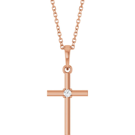 14K Gold Round Natural Diamond Cross Necklace or Pendant – up to 0.015 CTW - Rose Gold