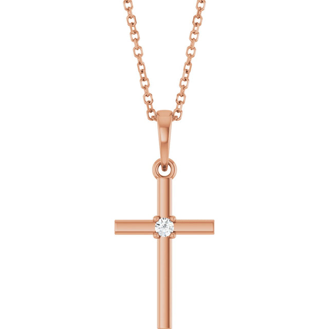 14K Gold Round Natural Diamond Cross Necklace or Pendant – up to 0.015 CTW - Rose Gold