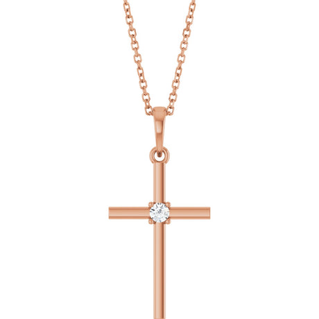 14K Gold Round Natural Diamond Cross Necklace or Pendant – up to 0.015 CTW - Rose Gold