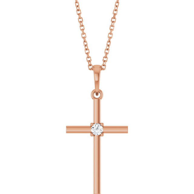 14K Gold Round Natural Diamond Cross Necklace or Pendant – up to 0.015 CTW - Rose Gold
