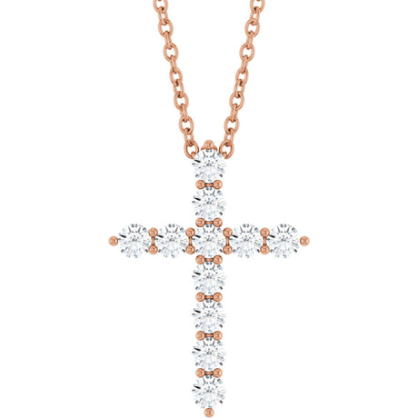 14K Gold Round Lab-Grown Diamond Accented Cross Necklace or Pendant – 1.8-2.4mm Stones - Rose Gold
