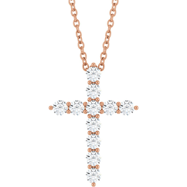 14K Gold Round Lab-Grown Diamond Accented Cross Necklace or Pendant – 1.8-2.4mm Stones - Rose Gold