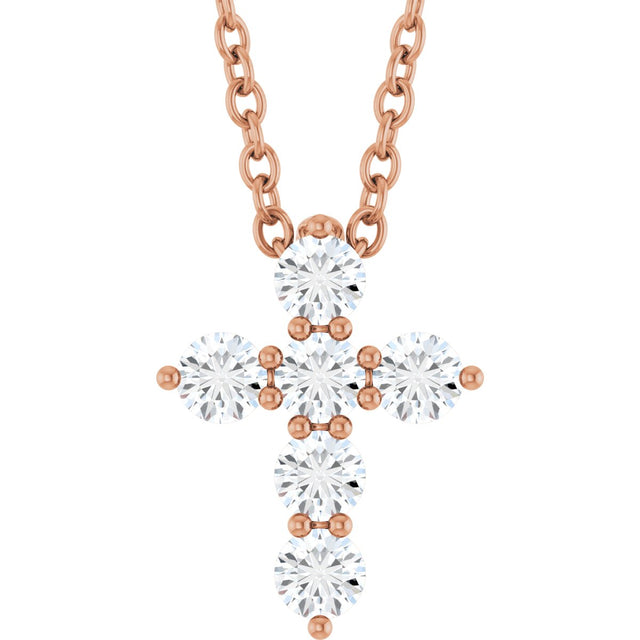 14K Gold Round Lab-Grown Diamond Accented Cross Necklace or Pendant – 1.8-2.4mm Stones - Rose Gold