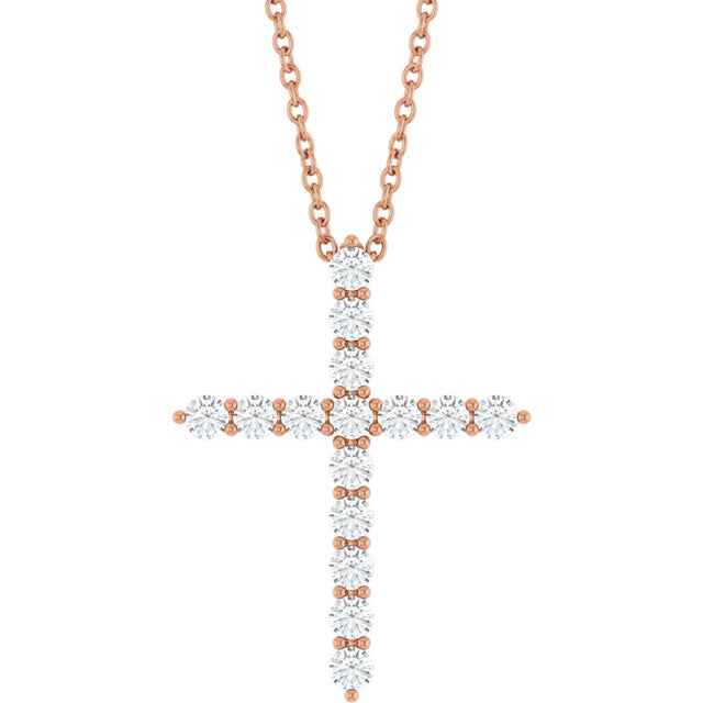 14K Gold Round Natural Diamond Accented Cross Necklace or Pendant – up to 1/6 CTW - Rose Gold