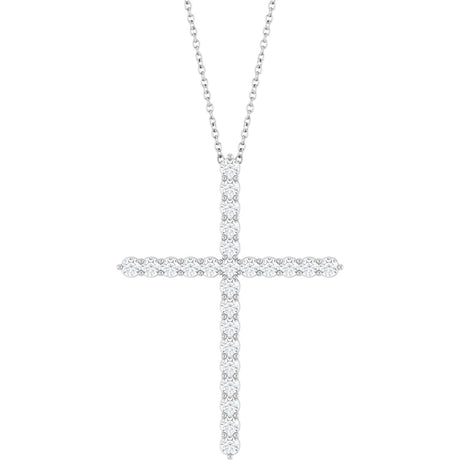 14K Gold Round Lab-Grown Diamond Accented Cross Necklace or Pendant – 1.8-2.4mm Stones - White Gold