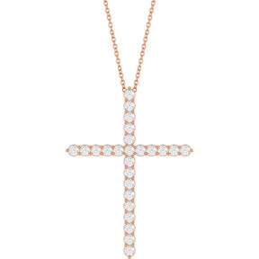 14K Gold Round Lab-Grown Diamond Accented Cross Necklace or Pendant – 1.8-2.4mm Stones - Rose Gold