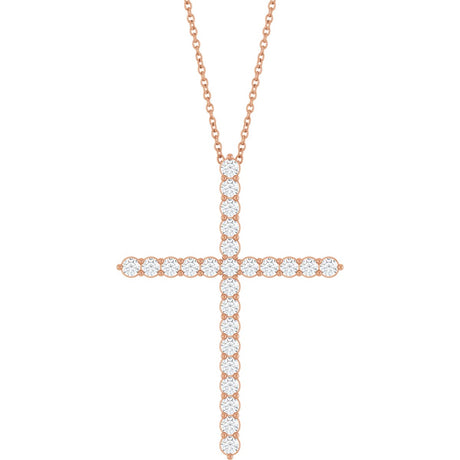 14K Gold Round Lab-Grown Diamond Accented Cross Necklace or Pendant – 1.8-2.4mm Stones - Rose Gold