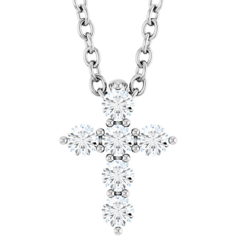 14K Gold Round Lab-Grown Diamond Accented Cross Necklace or Pendant – 1.8-2.4mm Stones - White Gold