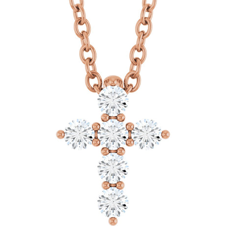 14K Gold Round Lab-Grown Diamond Accented Cross Necklace or Pendant – 1.8-2.4mm Stones - Rose Gold