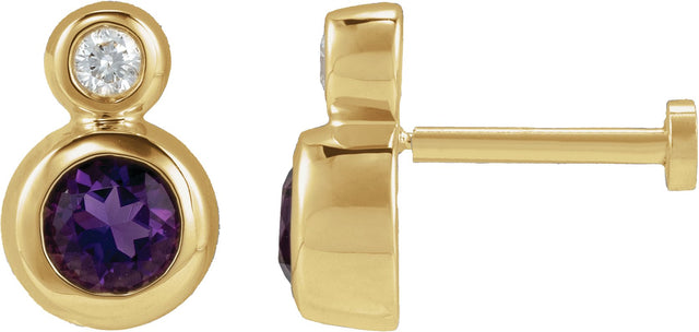 14K Gold Round Natural Amethyst Accented Bezel-Set Earrings – 3-5mm Stones - Yellow Gold