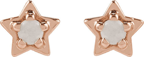 14K Gold Round Natural White Opal Star Cabochon Earrings - Rose Gold