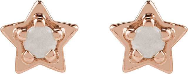 14K Gold Round Natural White Opal Star Cabochon Earrings - Rose Gold