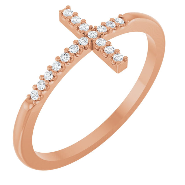 14K Gold Round Natural Diamond Sideways Cross Ring - Rose Gold