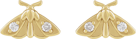 14K Gold Round Natural Diamond Scarab or Moth Stud Earrings - Yellow Gold