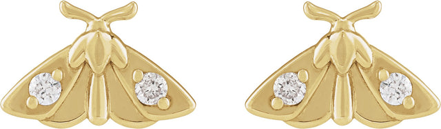 14K Gold Round Natural Diamond Scarab or Moth Stud Earrings - Yellow Gold