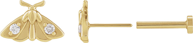 14K Gold Round Natural Diamond Scarab or Moth Stud Earrings - Yellow Gold - view 2