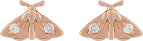 14K Gold Round Natural Diamond Scarab or Moth Stud Earrings - Rose Gold