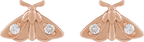 14K Gold Round Natural Diamond Scarab or Moth Stud Earrings - Rose Gold