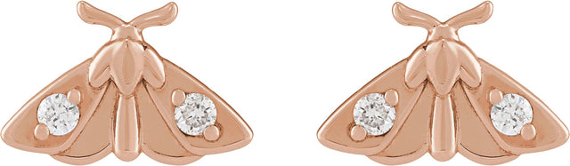 14K Gold Round Natural Diamond Scarab or Moth Stud Earrings - Rose Gold