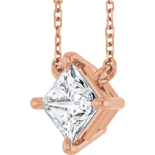 14K Gold Square Natural Diamond Solitaire Claw-Prong Necklace - Rose Gold - view 2