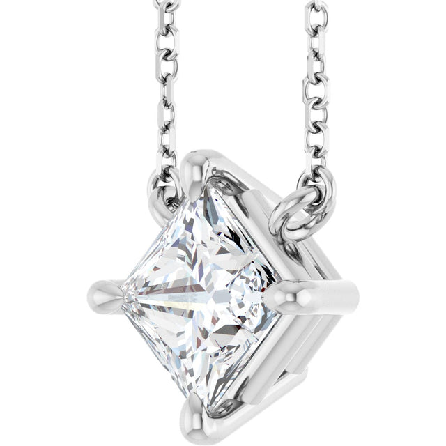 14K Gold Square Natural Diamond Solitaire Claw-Prong Necklace - White Gold - view 2