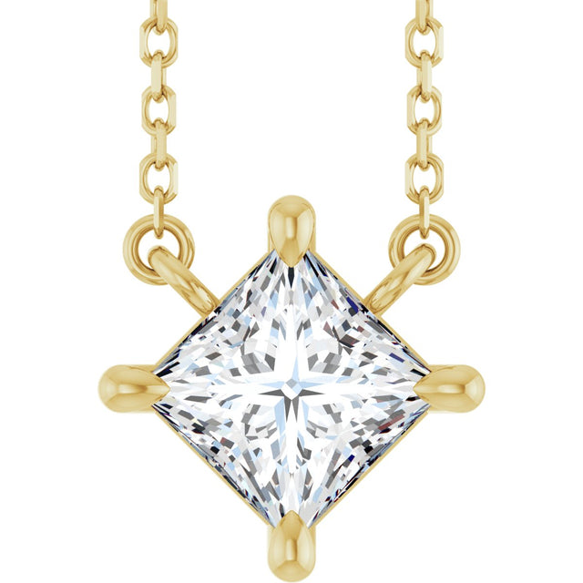 14K Gold Square Natural Diamond Solitaire Claw-Prong Necklace - Yellow Gold