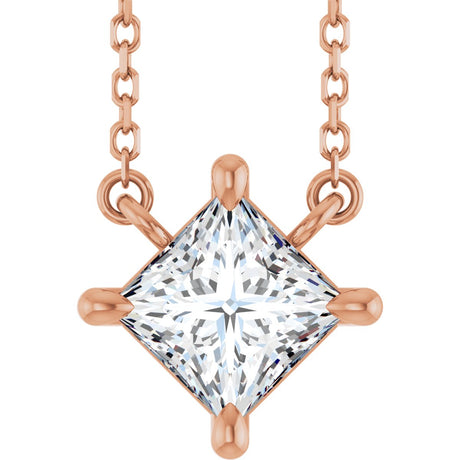 14K Gold Square Natural Diamond Solitaire Claw-Prong Necklace - Rose Gold