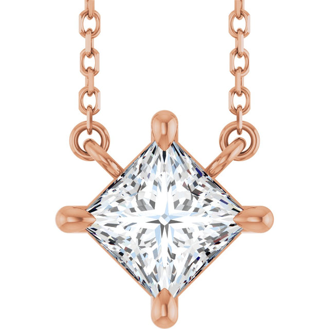 14K Gold Square Natural Diamond Solitaire Claw-Prong Necklace - Rose Gold