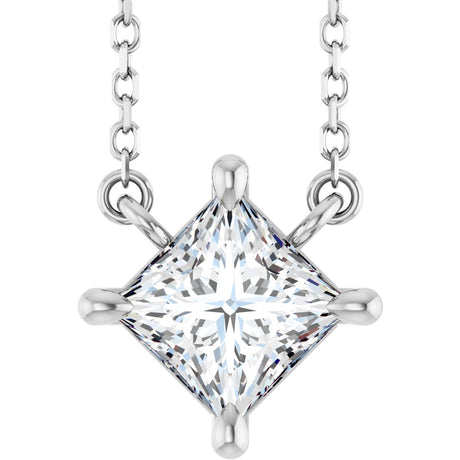 14K Gold Square Natural Diamond Solitaire Claw-Prong Necklace - White Gold
