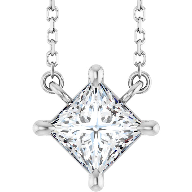 14K Gold Square Natural Diamond Solitaire Claw-Prong Necklace - White Gold