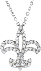 14K Gold Round Natural Diamond Fleur-de-Lis Necklace - White Gold