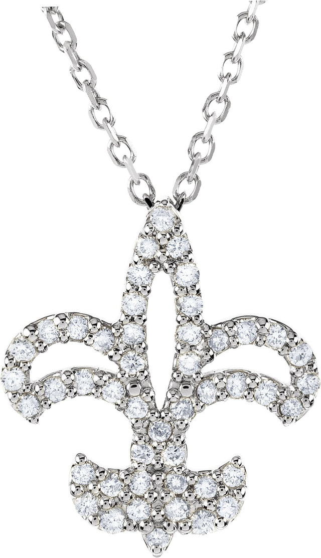 14K Gold Round Natural Diamond Fleur-de-Lis Necklace - White Gold