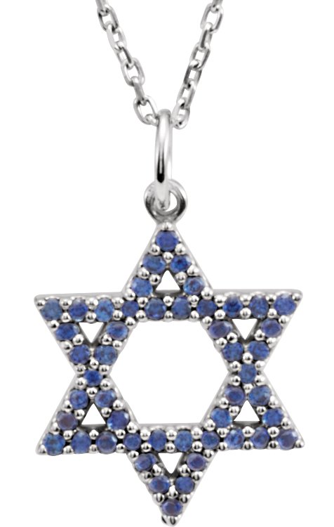 14K Gold Round Natural Blue Sapphire Accented Star of David Necklace or Pendant - White Gold