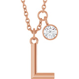 14K Gold Round Natural Diamond Accented Initial Necklace - Rose Gold