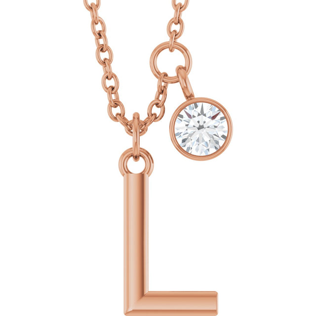 14K Gold Round Natural Diamond Accented Initial Necklace - Rose Gold