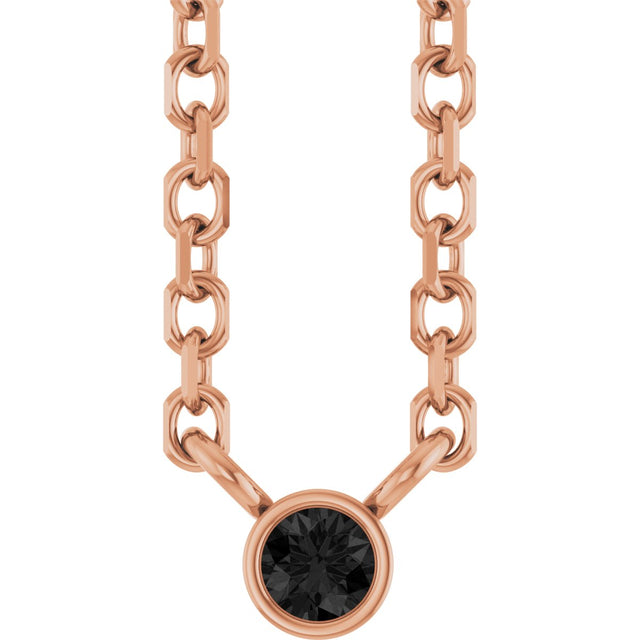 14K Gold Round Natural Black Diamond Bezel-Set Solitaire Necklace - Rose Gold