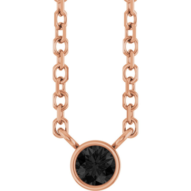 14K Gold Round Natural Black Diamond Bezel-Set Solitaire Necklace - Rose Gold