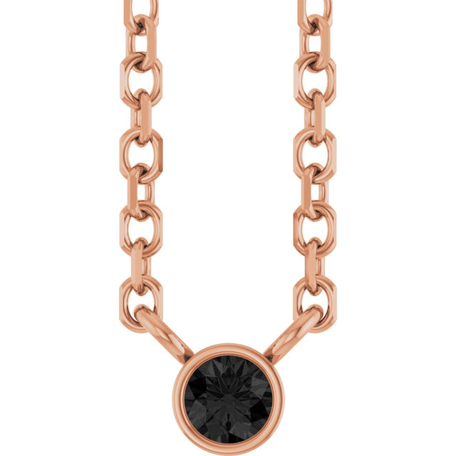 14K Gold Round Natural Black Diamond Bezel-Set Solitaire Necklace - Rose Gold