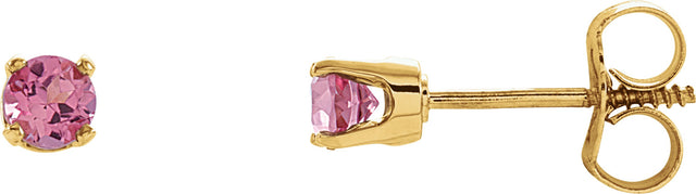 14K Gold Pink Tourmaline Round 4-Prong Youth Birthstone Stud Earrings - Yellow Gold