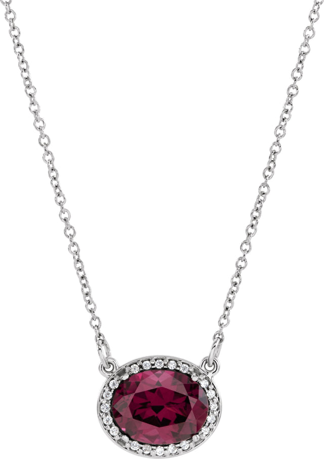 14K Gold Oval Natural Rhodolite Garnet Halo-Style Necklace - White Gold - view 3