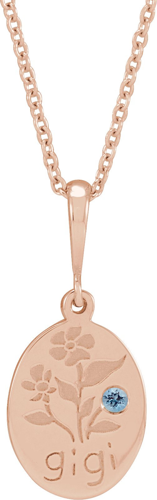 14K Gold Round Natural Aquamarine Gigi Necklace or Pendant - Rose Gold