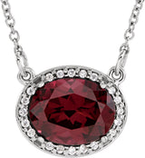 14K Gold Oval Natural Rhodolite Garnet Halo-Style Necklace - White Gold