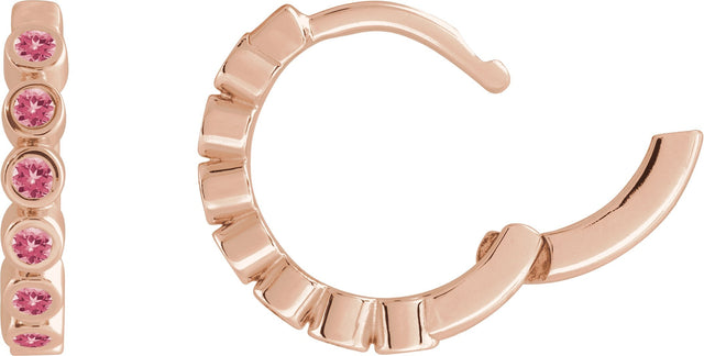 14K Gold Round Natural Pink Tourmaline Hinged Hoop Earrings - Rose Gold - view 3