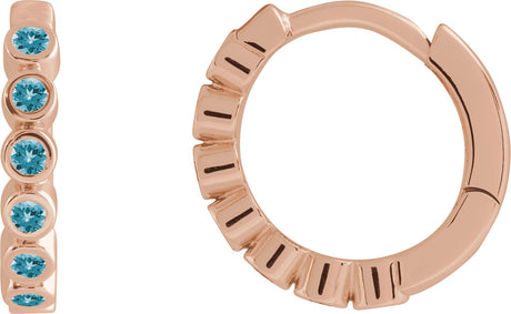 14K Gold Round Natural Blue Zircon Hinged Hoop Earrings - Rose Gold