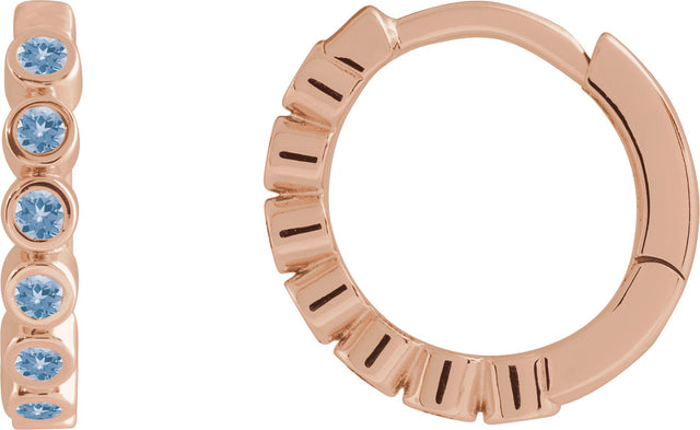 14K Gold Round Natural Aquamarine Hinged Hoop Earrings - Rose Gold