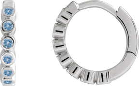 14K Gold Round Natural Aquamarine Hinged Hoop Earrings - White Gold